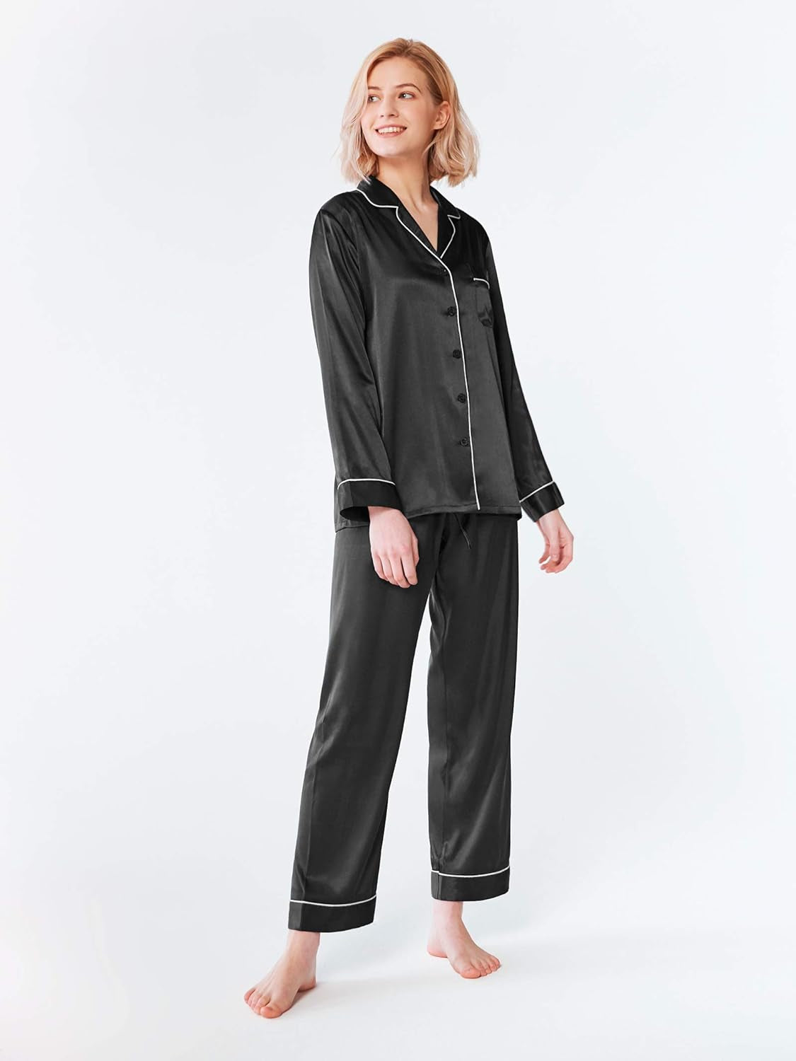 Silk Satin Pajamas Set for Women Long Sleeve Sleepwear Pj Set Button down 2 Piece Soft Loungewear S-XL